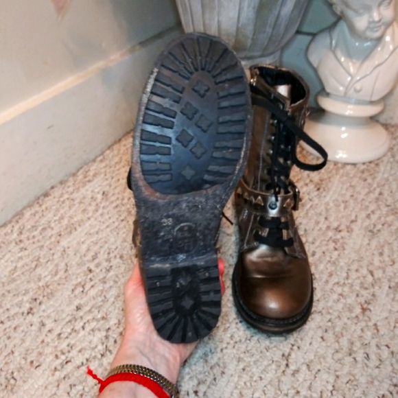 ASH Ryhanna Silver & Rhinestone Studded Distressed Pewter Leather Combat Boots - Picture 9 of 11